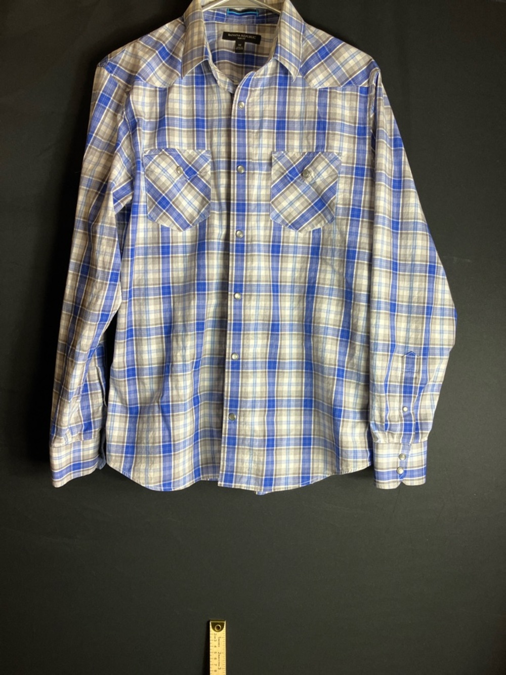 Banana Republic Blue and Gray Plaid Western-Style Button-Down Shirt